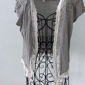 Striped Black and White Cardigan with Lace Trim
